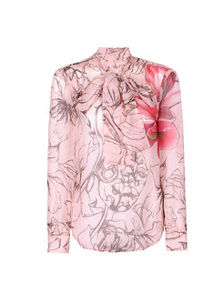 Bowknot Print Silk Single-breasted Blouse