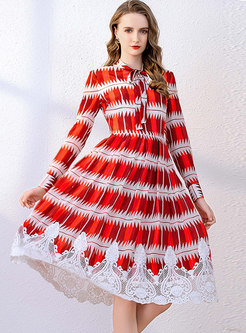 Geometric Print Lace Patchwork A Line Dress