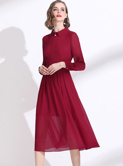 Wine Red Long Sleeve Chiffon Midi Dress