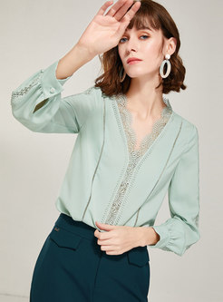 Lace Openwork Patchwork Pullover Blouse