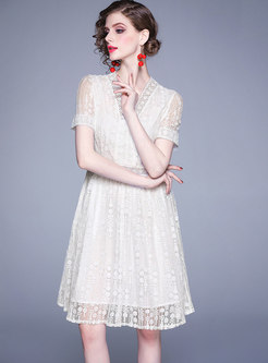 V-neck Short Sleeve A Line Lace Dress