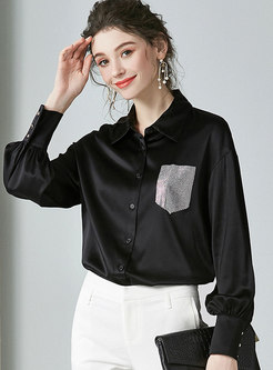 Lantern Sleeve Drilled Blouse With Pocket