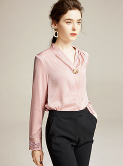 V-neck Pullover Long Sleeve Silk Blouse