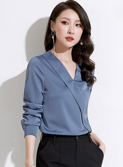 Pure Color V-neck Pullover Loose Blouse