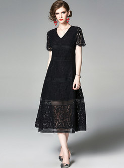 V-neck Short Sleeve Openwork Lace Party Dress