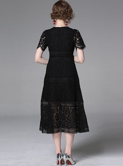 V-neck Short Sleeve Openwork Lace Party Dress