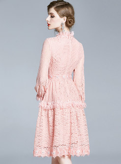 Pink Long Sleeve A Line Lace Cake Dress