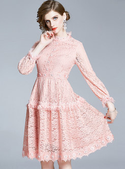 Pink Long Sleeve A Line Lace Cake Dress