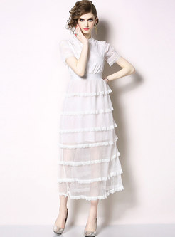 Dresses | Maxi Dresses | White Crew Neck Mesh Lace Party Maxi Dress