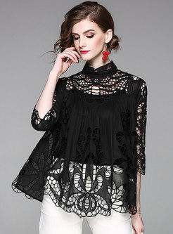 Pure Color Openwork Blouse With Camisole