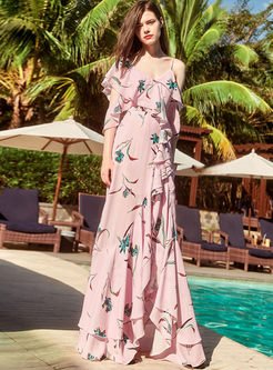 Chic Asymmetric Off Shoulder Print Holiday Maxi Dress