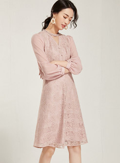 Pink Long Sleeve Openwork Lace Dress
