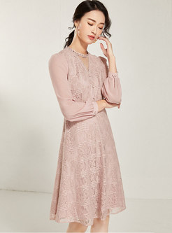 Pink Long Sleeve Openwork Lace Dress