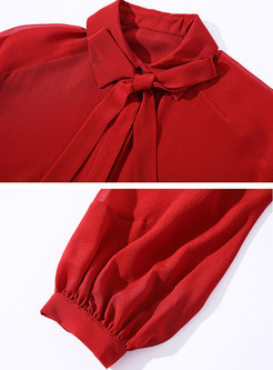 Red Lapel Lantern Sleeve Silk Shirt Dress