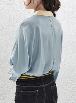 Color-blocked Lapel Silk Blouse With Pockets