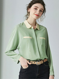 Color-blocked Lapel Silk Blouse With Pockets