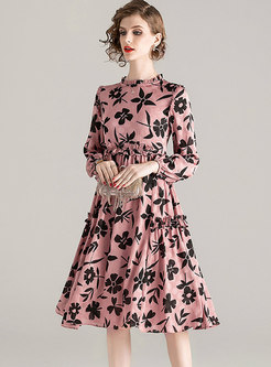 Pink Mock Neck Print Empire Waist Dress