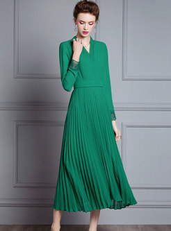 Green V-neck High Waisted Pleated Maxi Dress