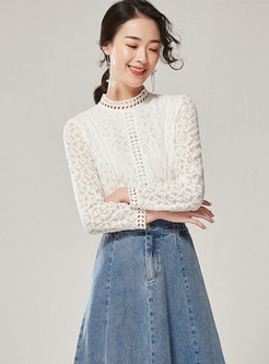 Mock Neck Openwork Lace Pullover Blouse