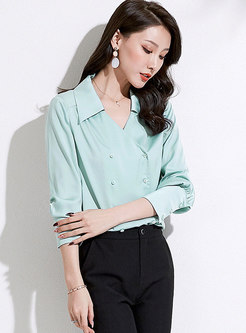 V-neck Double-breasted Satin Blouse