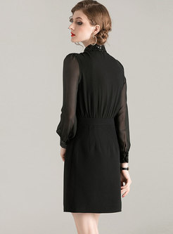 Black Sequin Lantern Sleeve Sheath Dress