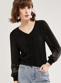 V-neck Lace Patchwork Pullover Knit Top