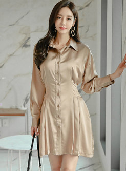 Solid Color Single-breasted Mini Shirt Dress