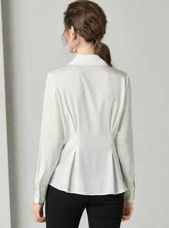 Solid Color Notched Asymmetric Silk Blouse