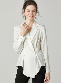 Solid Color Notched Asymmetric Silk Blouse