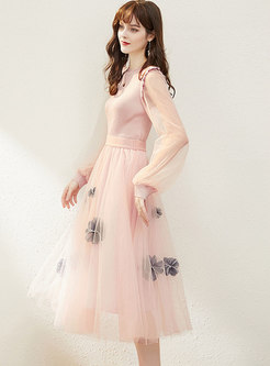 Pink Transparent Mesh Patchwork Suit Dress