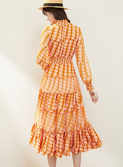 Long Sleeve Print Chiffon A Line Dress