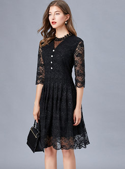 Black Half Sleeve Lace A Line Dress