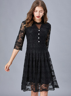 Black Half Sleeve Lace A Line Dress