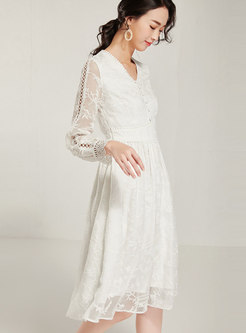 White V-neck Openwork Chiffon Lace Dress