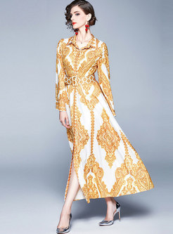 Lapel Flare Sleeve Print Maxi Formal Dress