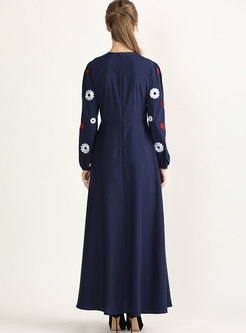 Long Sleeve Embroidered Big Hem Maxi Dress