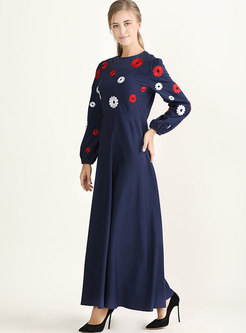 Long Sleeve Embroidered Big Hem Maxi Dress