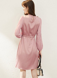 Pink Mock Neck Drawcord A Line Dress