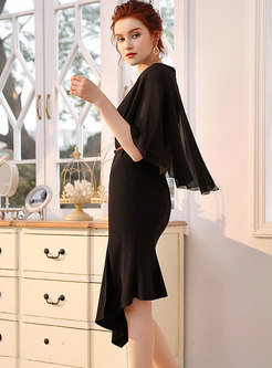 Black Poncho Sleeve Asymmetric Cocktail Dress