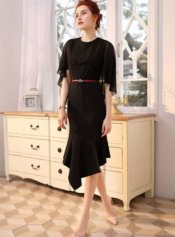 Black Poncho Sleeve Asymmetric Cocktail Dress