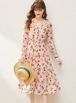 Pink V-neck Long Sleeve Print Chiffon Dress