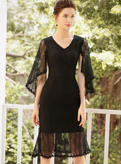 Black V-neck Openwork Lace Peplum Dress