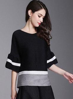 Color-blocked O-neck Flare Sleeve Loose T-Shirt