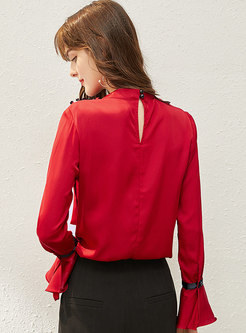 Color-blocked Flare Sleeve Pullover Blouse