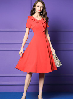Red Short Sleeve Falbala A Line Dress