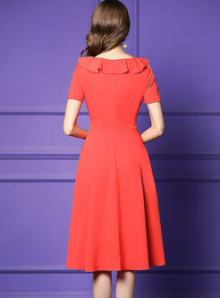Red Short Sleeve Falbala A Line Dress
