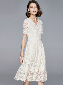 White V-neck High Waisted Lace Dress