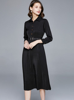 Black Long Sleeve A Line Pleated Dress
