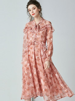 Pink V-neck Floral Silk Midi Dress