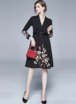 Black Embroidered A Line Dress With Belt
